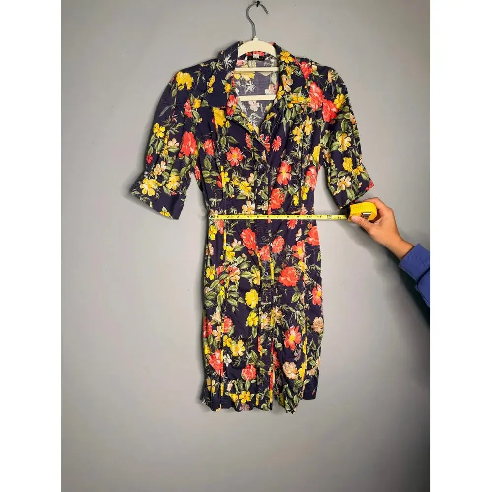 Marissa Webb Black Floral Silk Short Sleeve Button Down Mini Dress Size 8 Multi